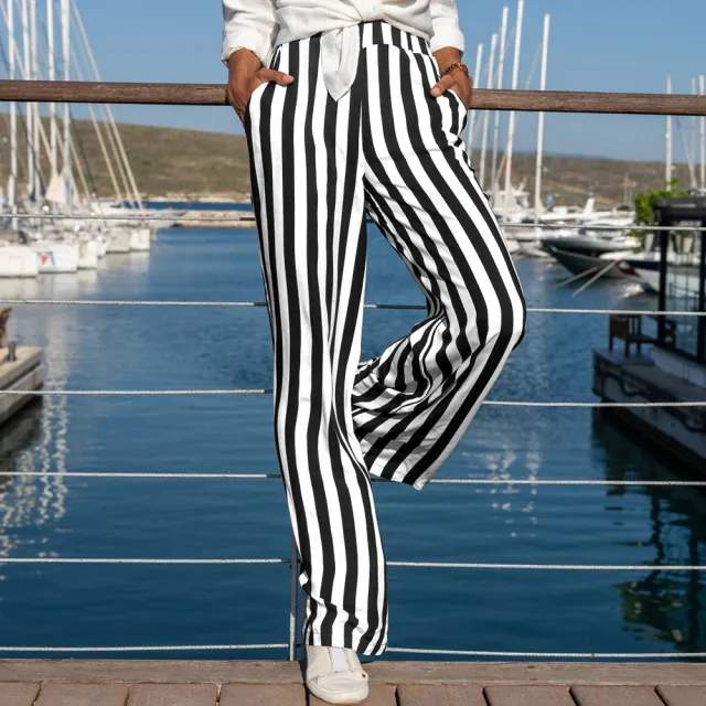 Cotton And Linen Striped Women's Trousers White Bottom Casual Loose Straight leg Pants Black - Shop at LoveMi