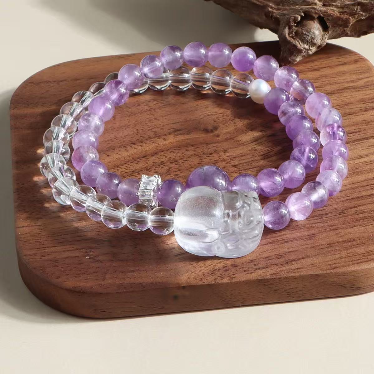 Ametist natural Brățară cuarț transparent pandantiv cu flori de perle Lanț dublu strat înțelepciune energie bijuterii pentru femei