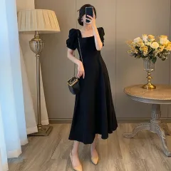 French Vintage Square Neck Wrapped Waist Slim Dress - Black - View 1