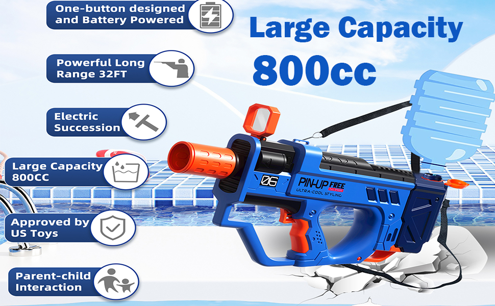 Electric Water Gun For Adults Kids, Motorized Squirt Guns with Rechargeable Battery, 800cc High Capacity, Long Distance Automatic Water Guns Up To 32 FT Range, Water Blaster Beach Pool Toys