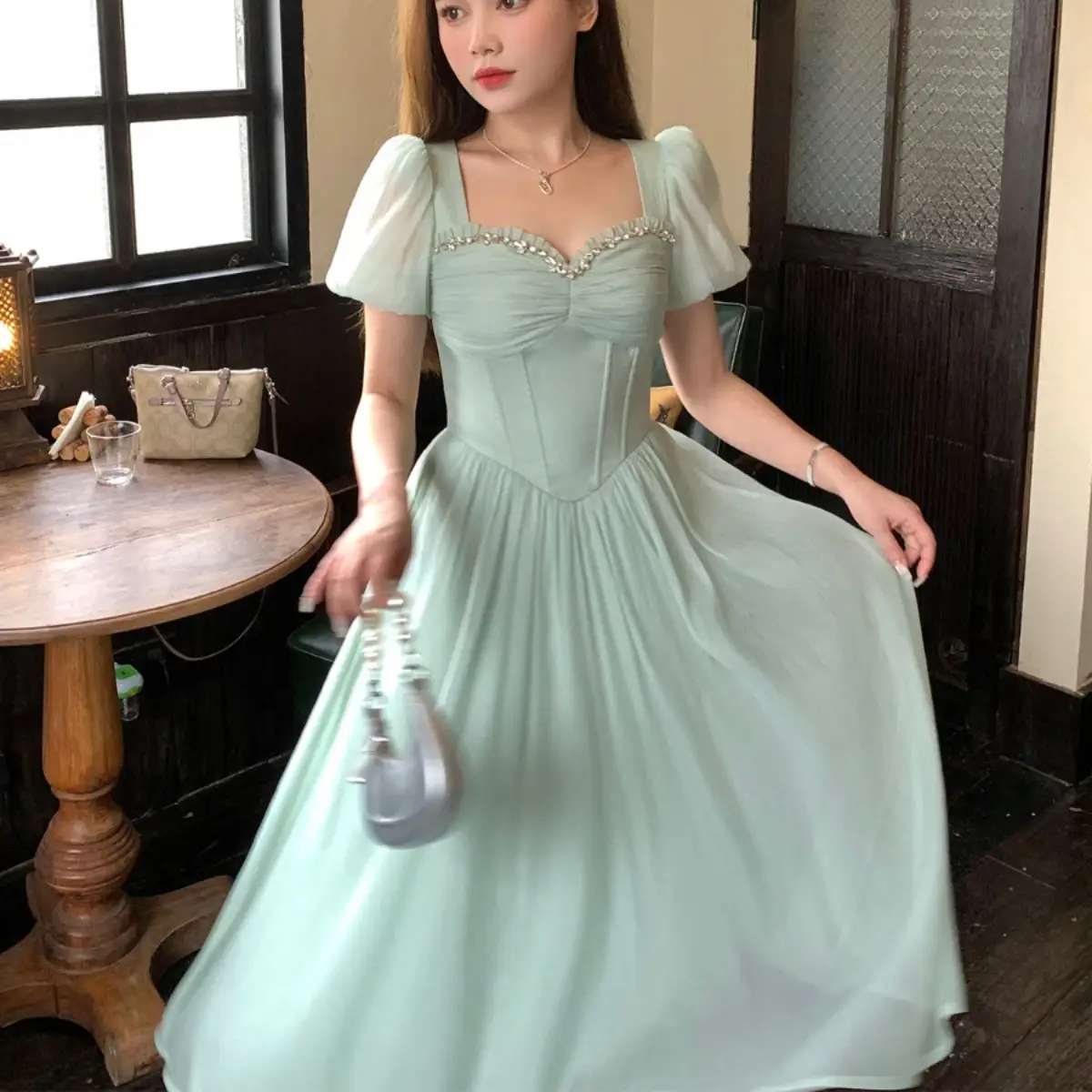 Women's Fashion Three-dimensional Waistband Square Collar Short-sleeved Beaded Hem Dress
