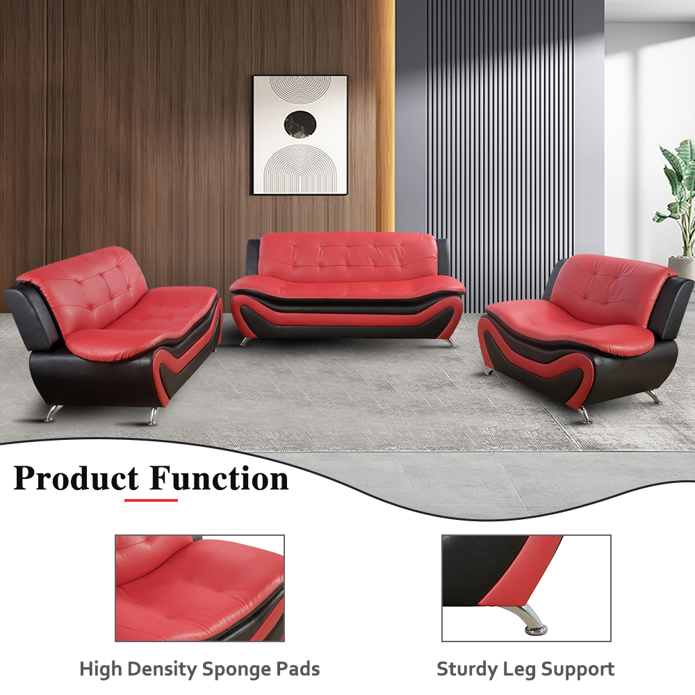 Pickup Only--Black & Red Faux Leather 3-Piece Couch Living Room Sofa Set
