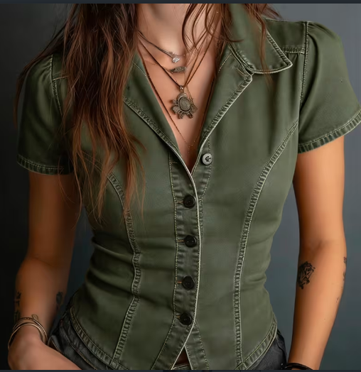 Retro Waist Cinched Sports Shirt With Collar And Short Sleeves