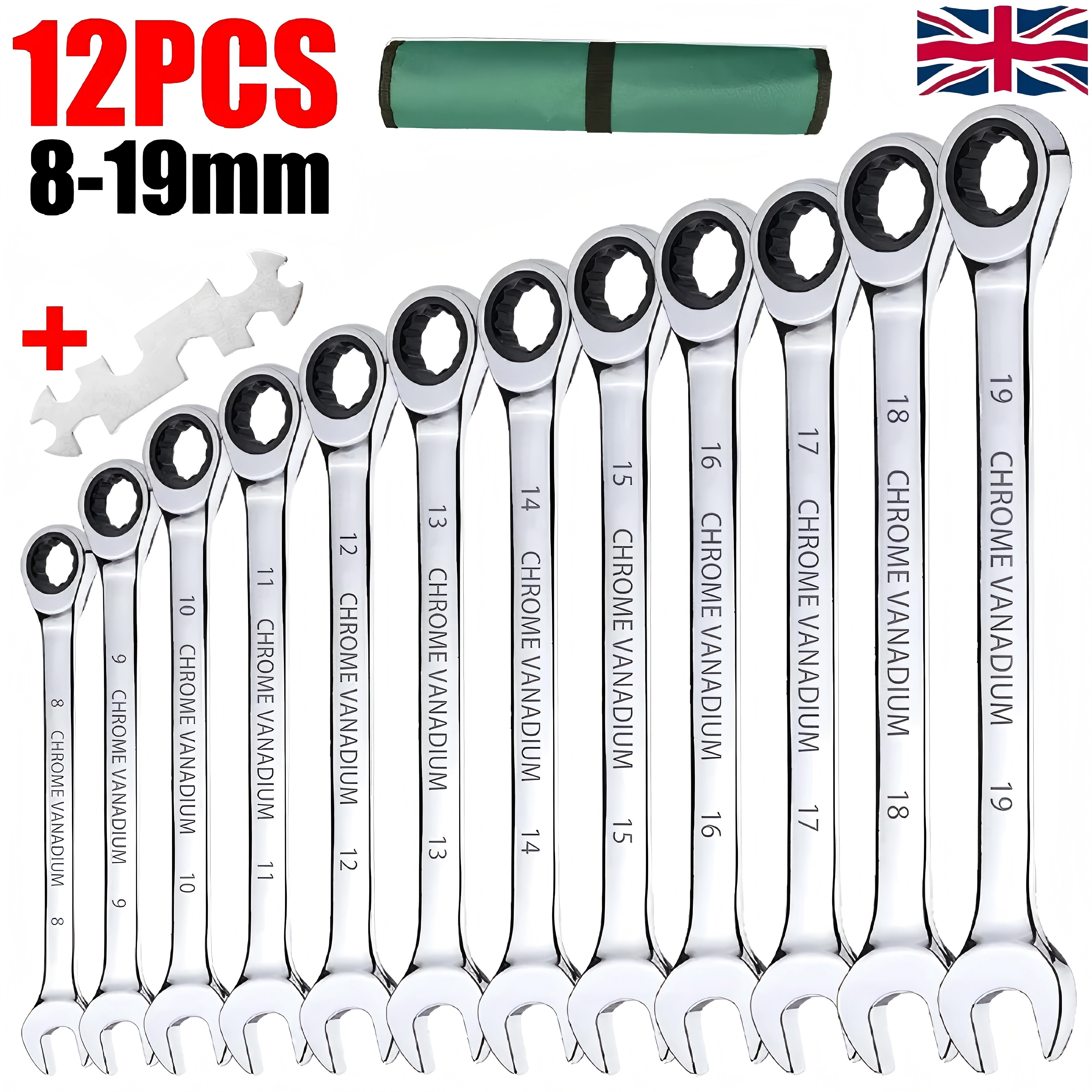 12PCS 72 Tooth Ratchet Spanner Set 8-19MM Fixed Head Combination Wrench Set Tool