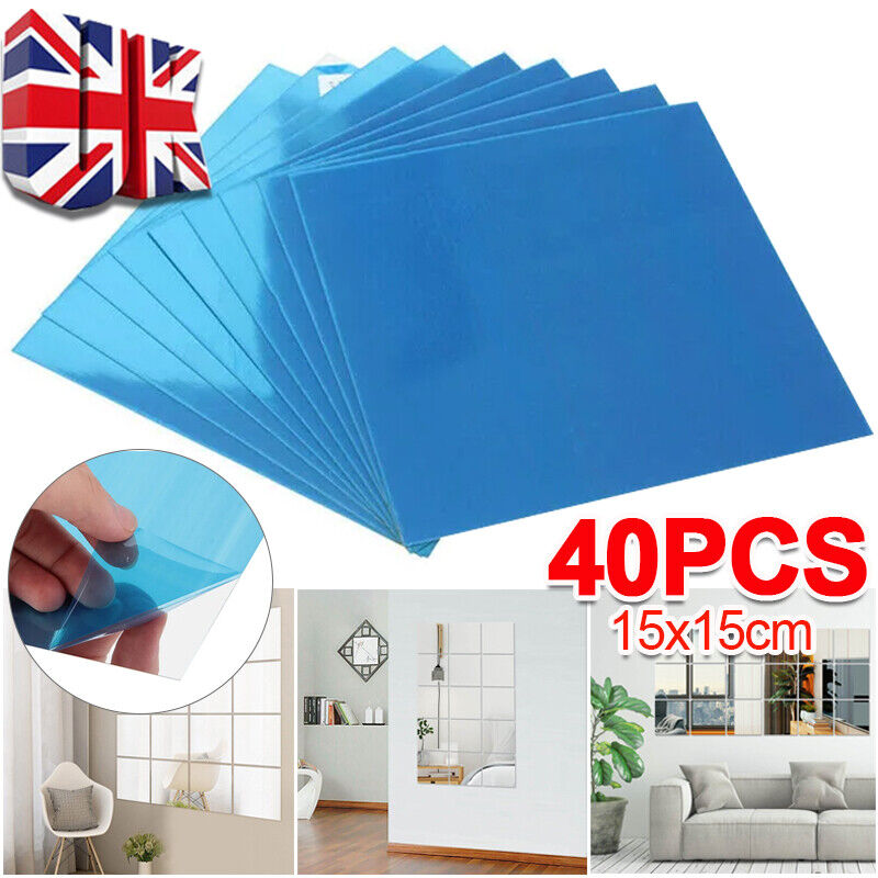 40X Glass Mirror Tiles Wall Sticker Square Self Adhesive