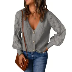 Women's Solid Colour Rhombus Puff Sleeve Knitted Sweater Coat - Grey - View 1