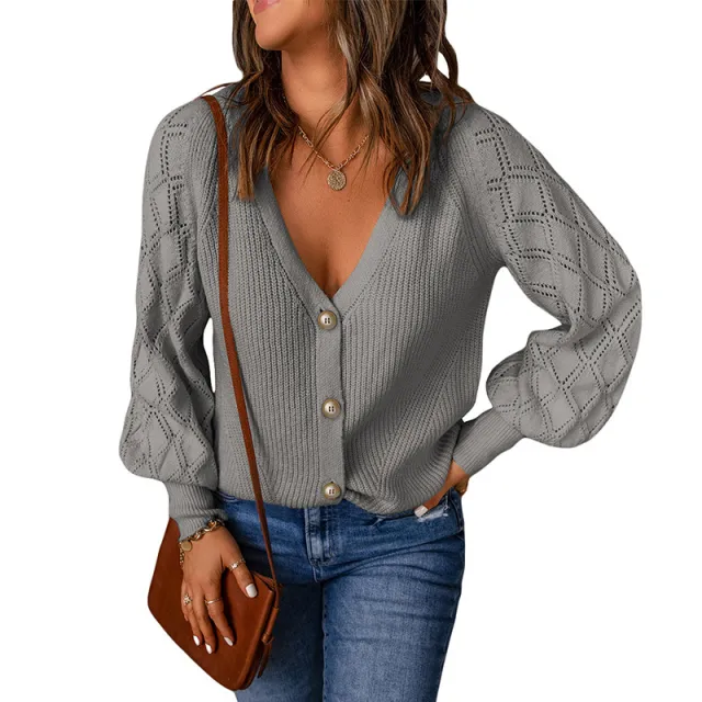 Women's Solid Color Rhombus Puff Sleeve Knitted Sweater Coat Grey - Shop at LoveMi