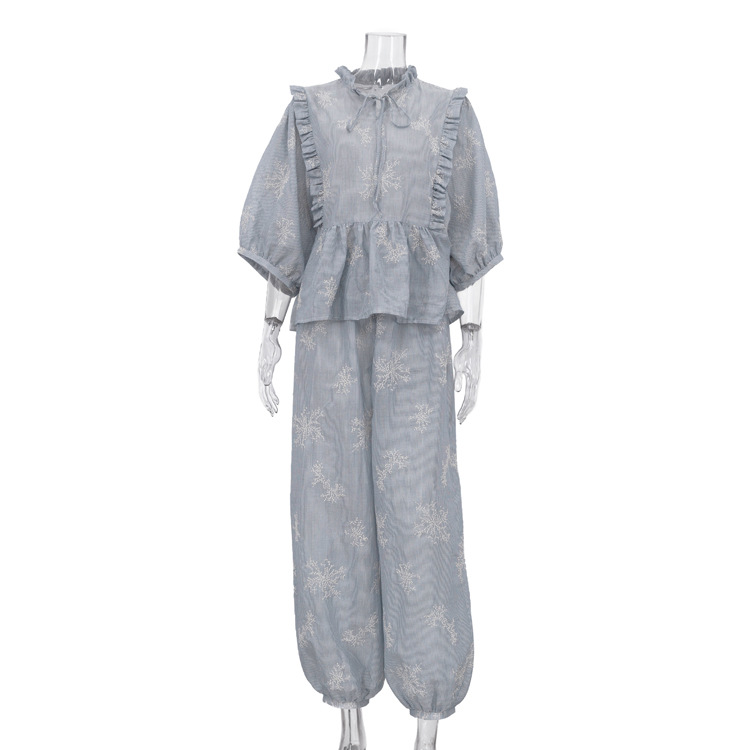 Embroidery Ruffle Tie Neck Puff Sleeve Crop Top & Wide Leg Pants 2-Piece Loungewear Set 3