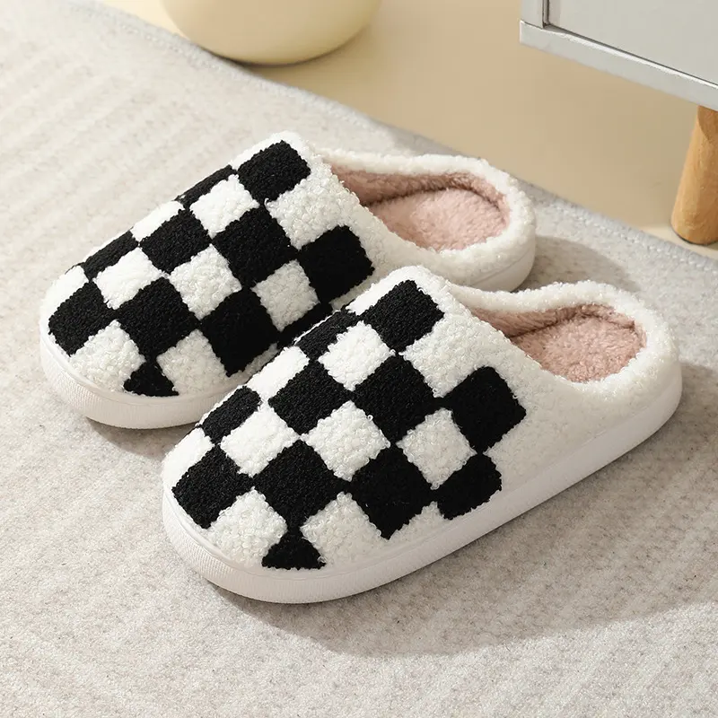 Checkerboard Print Slippers Winter House Shoes Men and Women