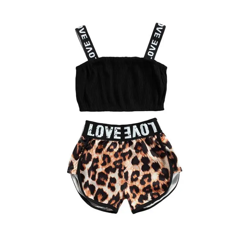 Children's Summer Girls' Camisole Children Midriff-baring Top Leopard Print Children's Shorts Suit