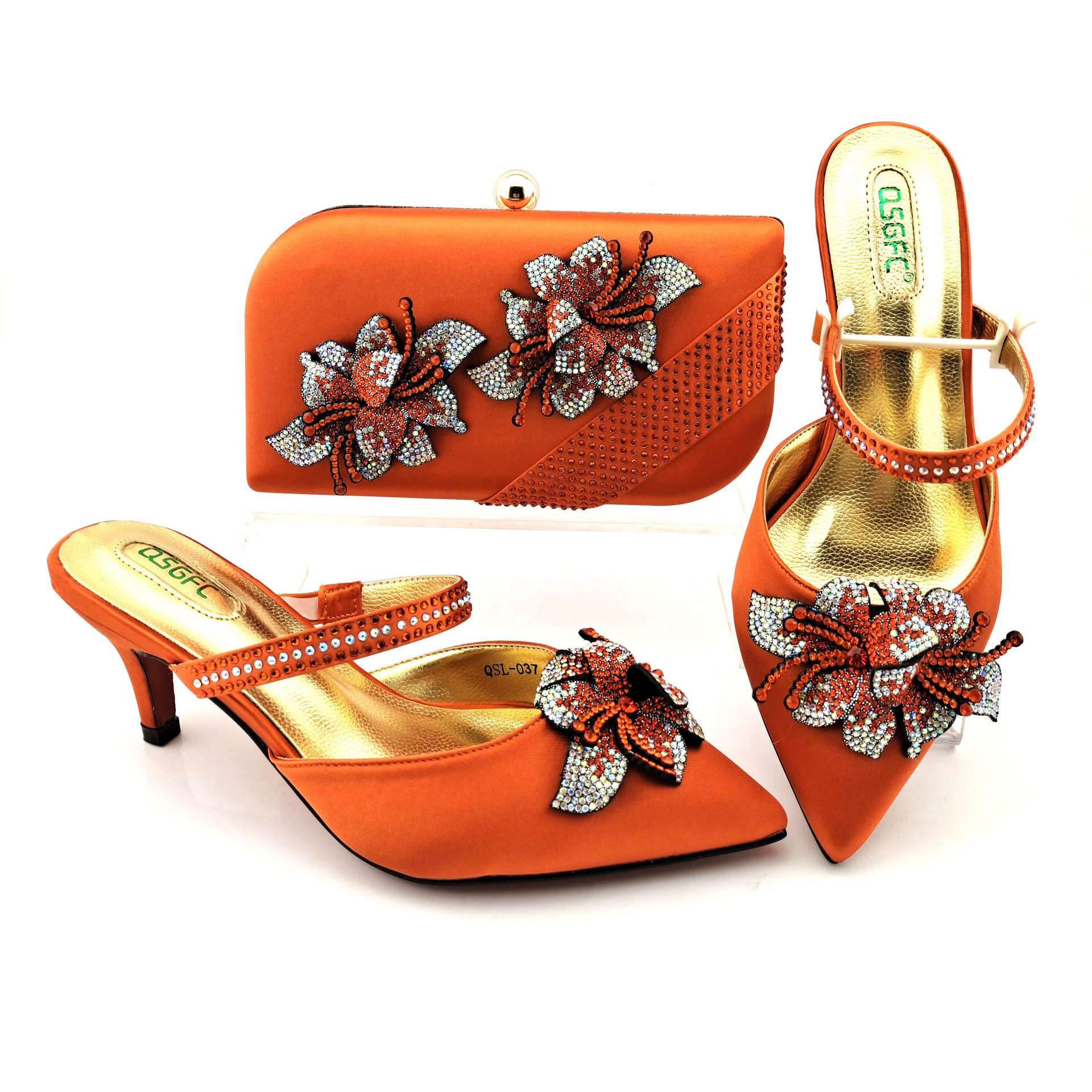 One Word Strap Sandals With Handbag Dinner Bag Pointed High Heels Orange - Shop at LoveMi