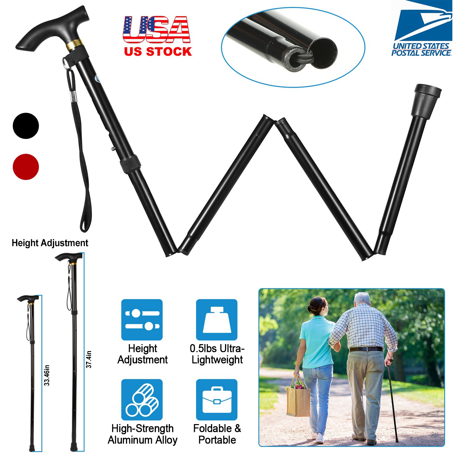 1Pc  Walking Cane Aluminum Alloy Walking Stick Adjustable Folding Travel Hiking Stick Antislip