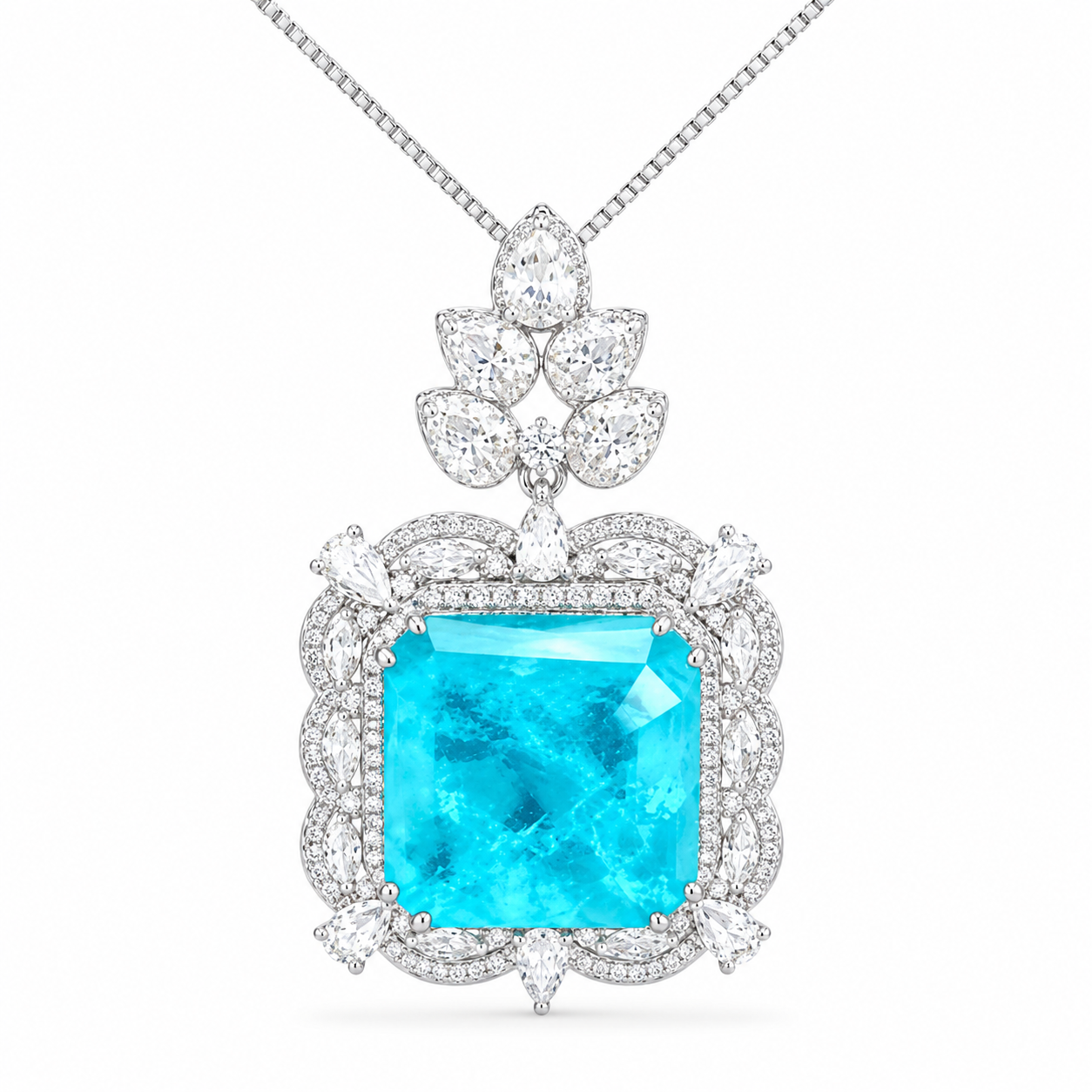 Square Cut Paraiba Blue CZ Multi-Shape Halo Pendant Necklace For Women, Copper Plated Silver Pear & Round White Cubic Zirconia Vintage Luxury Wedding Statement Jewelry Gift