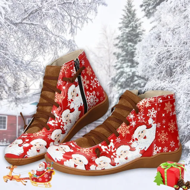 Christmas Ankle Boots Women Santa Claus Snowflake Print Flats Shoes Casual Slip on Side Zipper Design Short Boot Brown - Shop at LoveMi