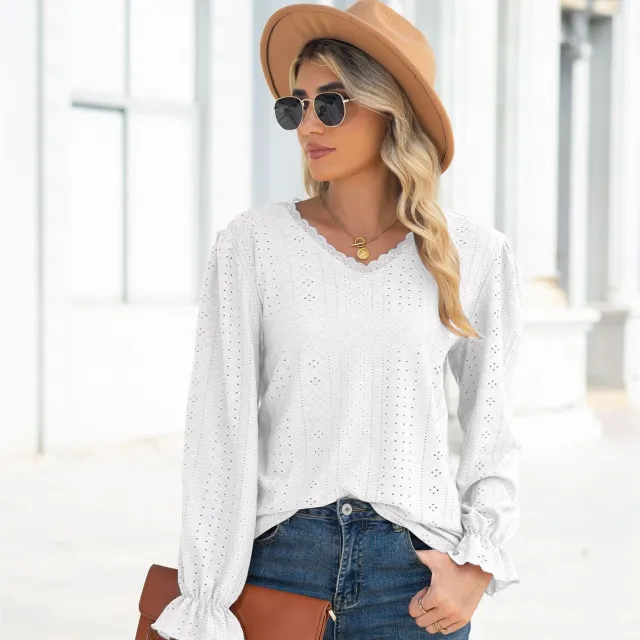 New Hollow Lace Stitching Loose Top Women's White - Shop at LoveMi