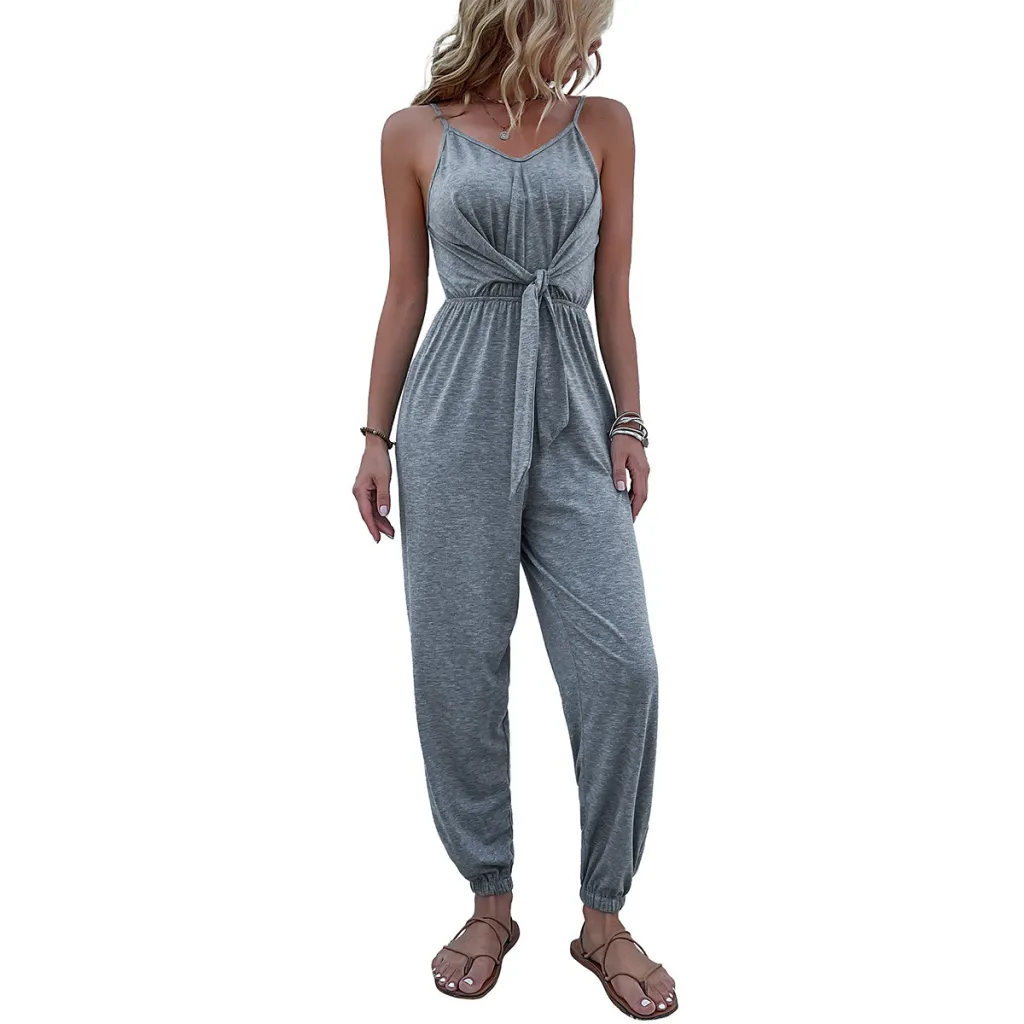 Casual Solid Color Women's Waist Suspender Jumpsuit - Dark Grey