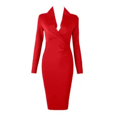 V-neck Tight Wrap Hip Temperament Party Auto Show Host Dress - Red - View 1