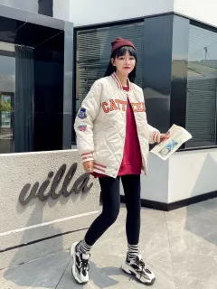 Embroidered Preppy Padded Padded Jacket - White - View 1