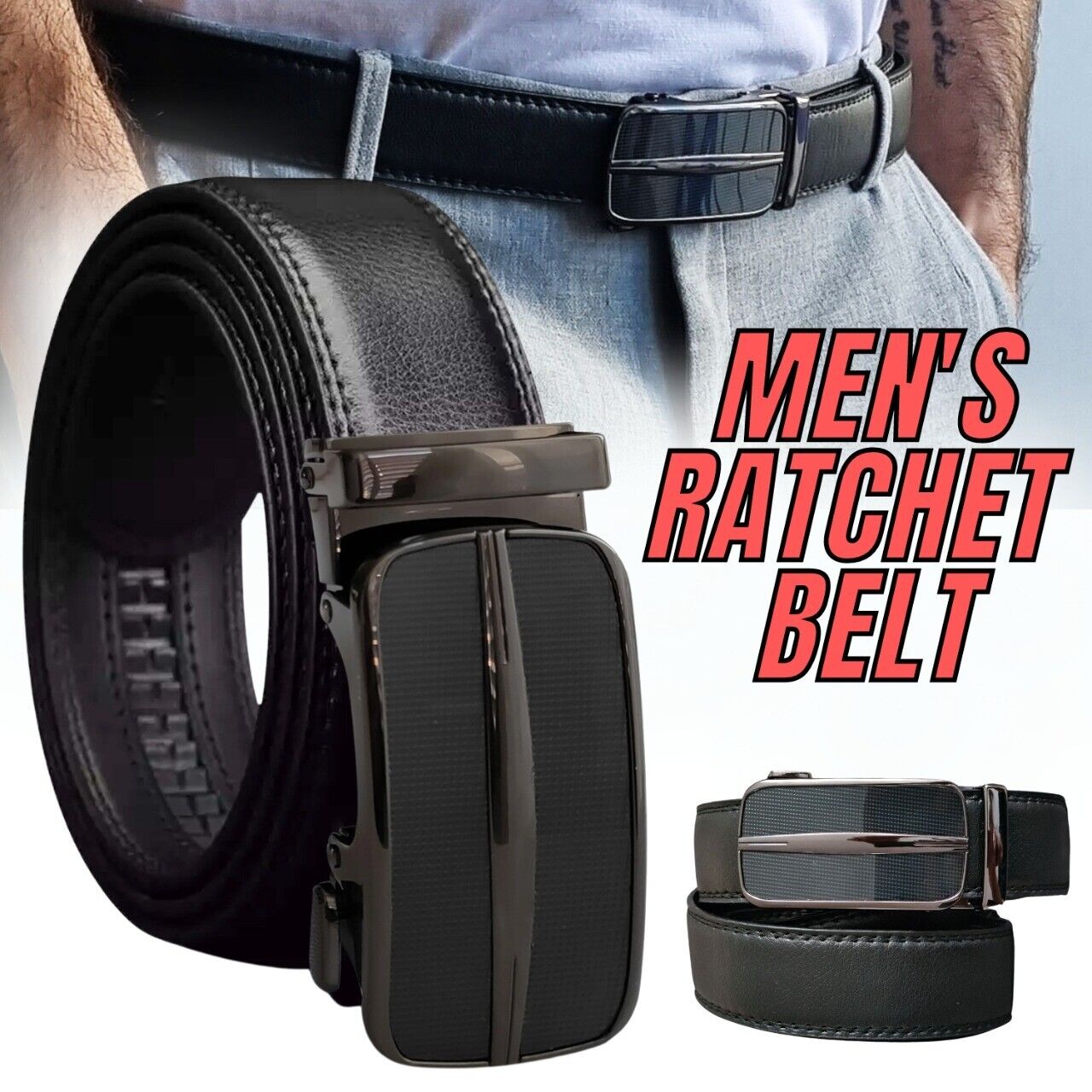 Ratchet Leather Belt with Slide Buckle shipping only inside the US, USPS First Class Package 2 Day Handling, 2-5 Day Shipping. Microfiber PU Leather Ratchet Belt Belts For Men Adjustable Size with Automatic Slide Buckle No Holes by SHAVIT. Ratchet Closure