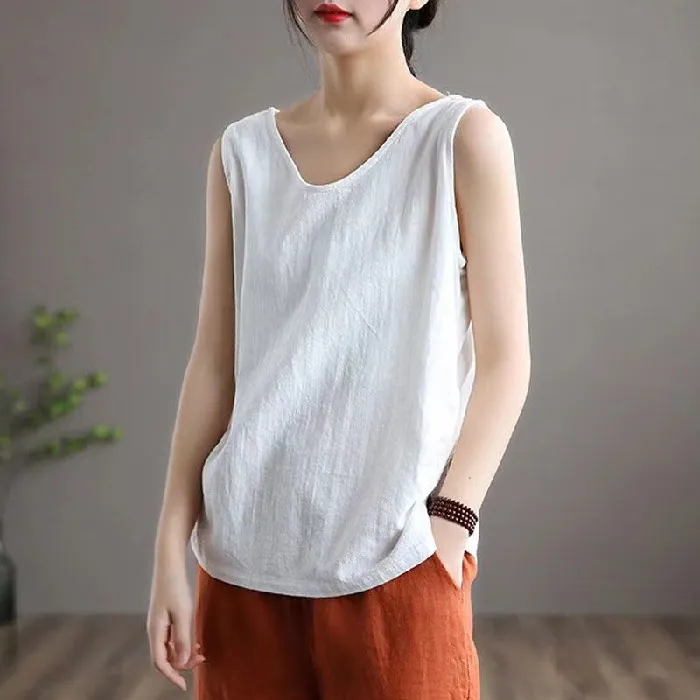 Solid Color Plus Size Literary Sleeveless Round Neck Vest - White