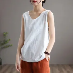 Solid Color Plus Size Literary Sleeveless Round Neck Vest - White - View 1