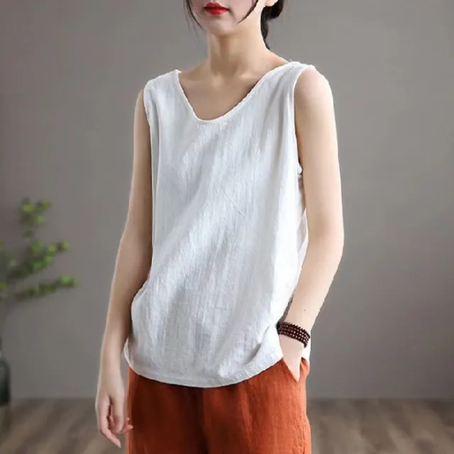 Solid Color Plus Size Literary Sleeveless Round Neck Vest White - Shop at LoveMi
