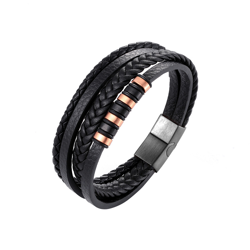 Multilayer Black Leather Braided Men's Stainless Steel Bracelet