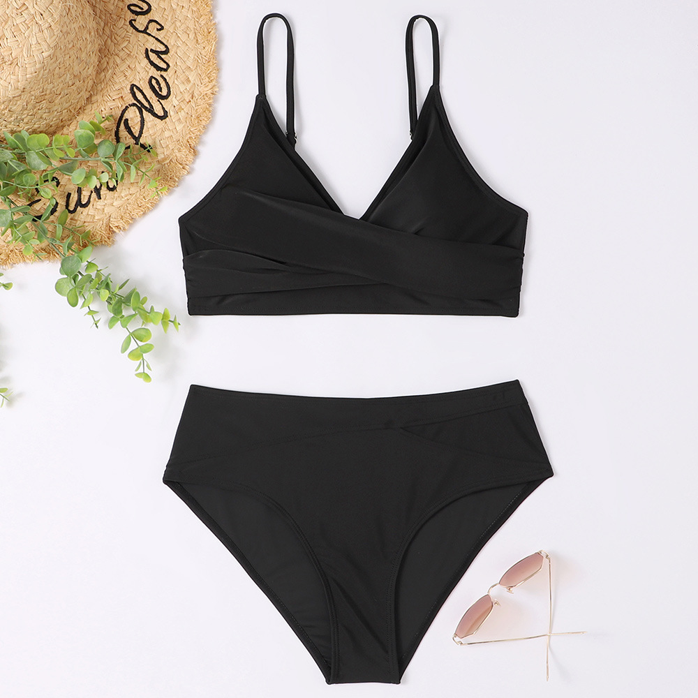 European And American Split High Waist Solid Color Swimsuit Ladies