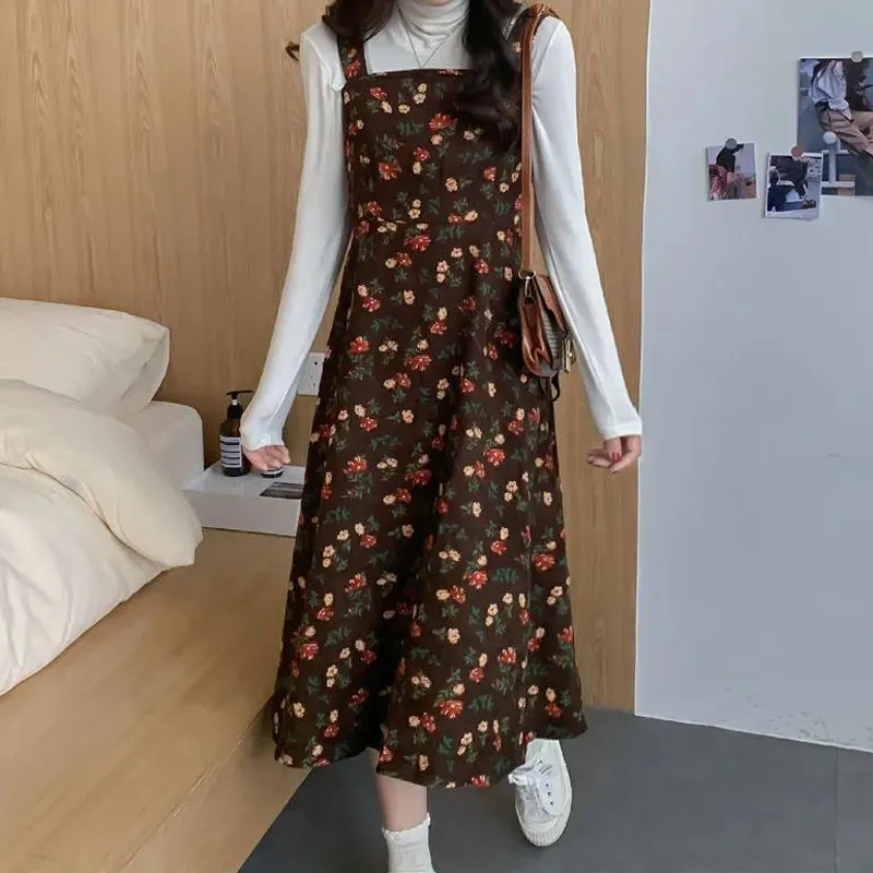 French Straps Waist Slim Long Skirt - Khaki Flower