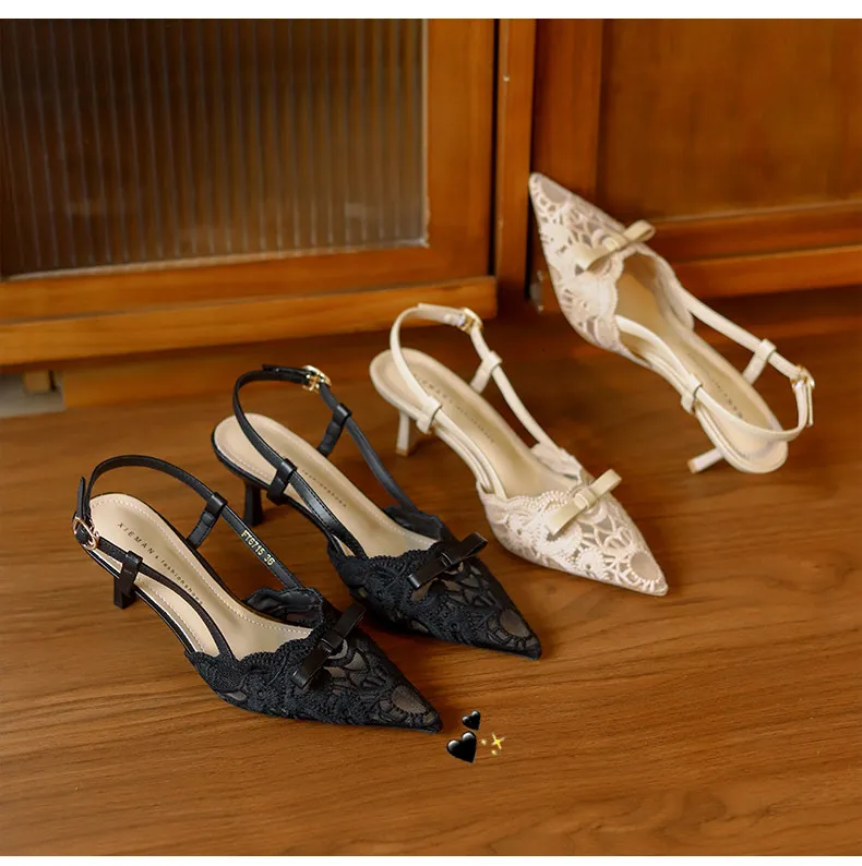 Women French Vintage Floral Lace Bow Slingback