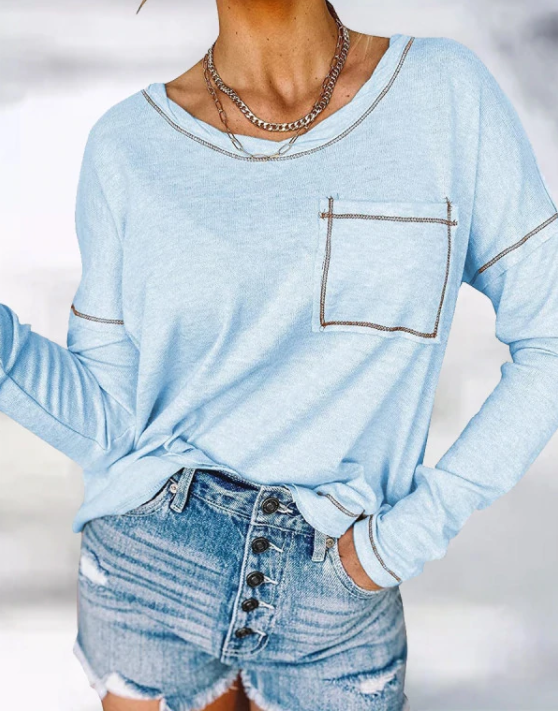 Long Sleeve Exposed Pocket Crew Neck T-Shirt