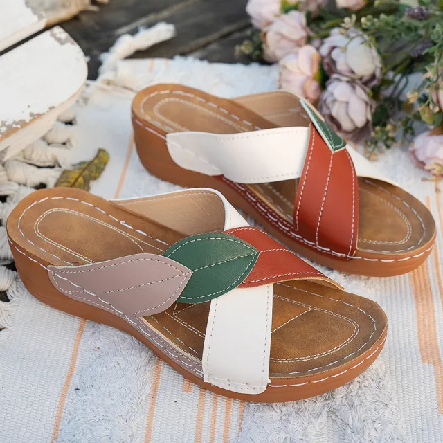 Women's Cork Wedge Sandals With Leaf Design, Red brown Gladiator style Lace up, Espadrille style Summer Casual Shoes White - Shop at LoveMi