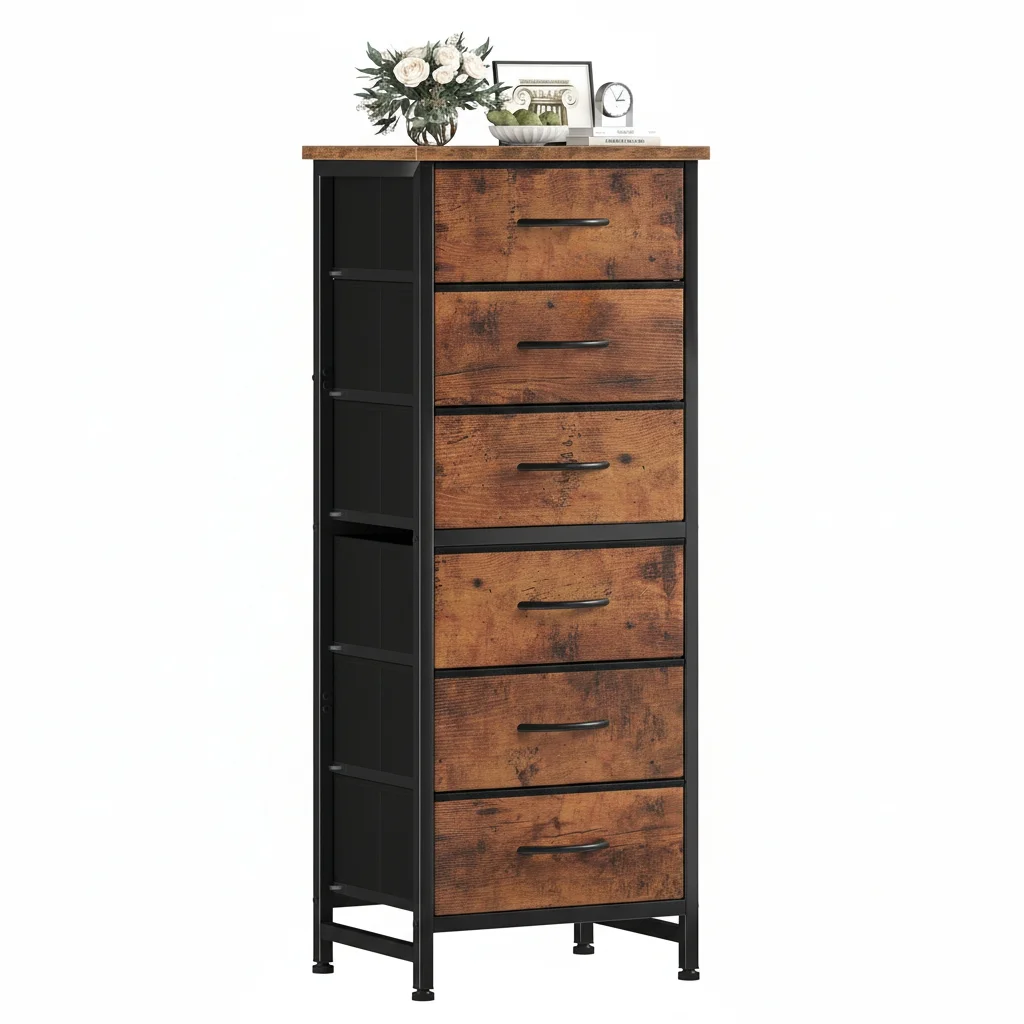 High Cabinet-style Storage Cabinet, Equipped With 6 Fabric Drawers, Metal Frame With Cross-bracing Rods, Anti-toppling Design, And Wooden Tabletop