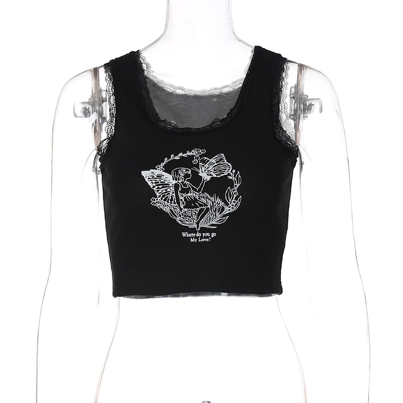 Printed Camisole All-match Slim Cropped T-shirt