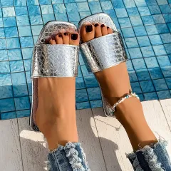 Fashion Crocodile-textured Slides Slippers Summer Square Toe Flat Sandals Summer Seaside Vacation Beach Shoes For Women - Silver - View 1