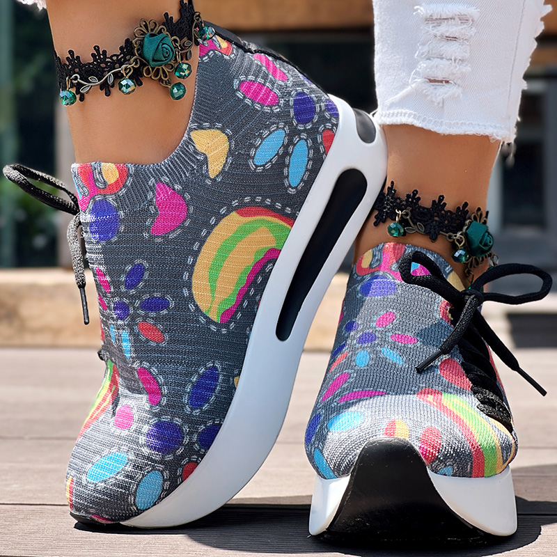 Women's Random Print Side Lace-Up Elastic Sport Shoes, Comfortable Slip-On Sneakers For Women, Casual Daily Wear Footwear — foto 10