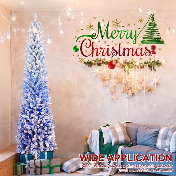6FT Blue Gradient Flocked Pencil Christmas Tree with 200 Warm White LED Lights, 485 Tips, Hinged Branches, Slim Design, Metal Stand â€“ Narrow Prelit Tree for Holiday Home Decor-16
