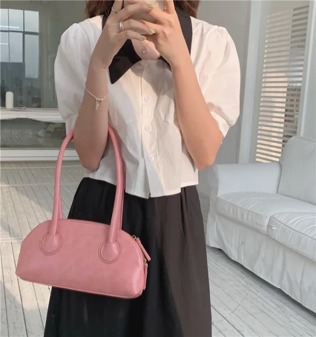 Candy Color Shell Bag Retro Oil Wax Stick Bag Versatile Long Handle Shoulder Bag Armpit Bag Casual Boston Bag Pink - Shop at LoveMi