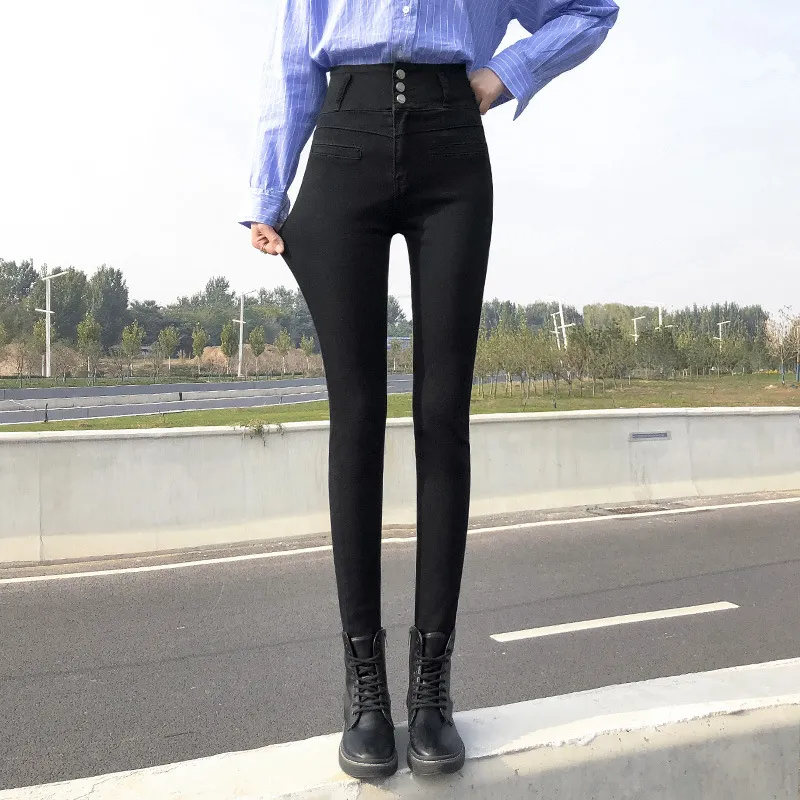 Women's Three-button Plus Velvet High-waisted Abdomen Jeans - Black