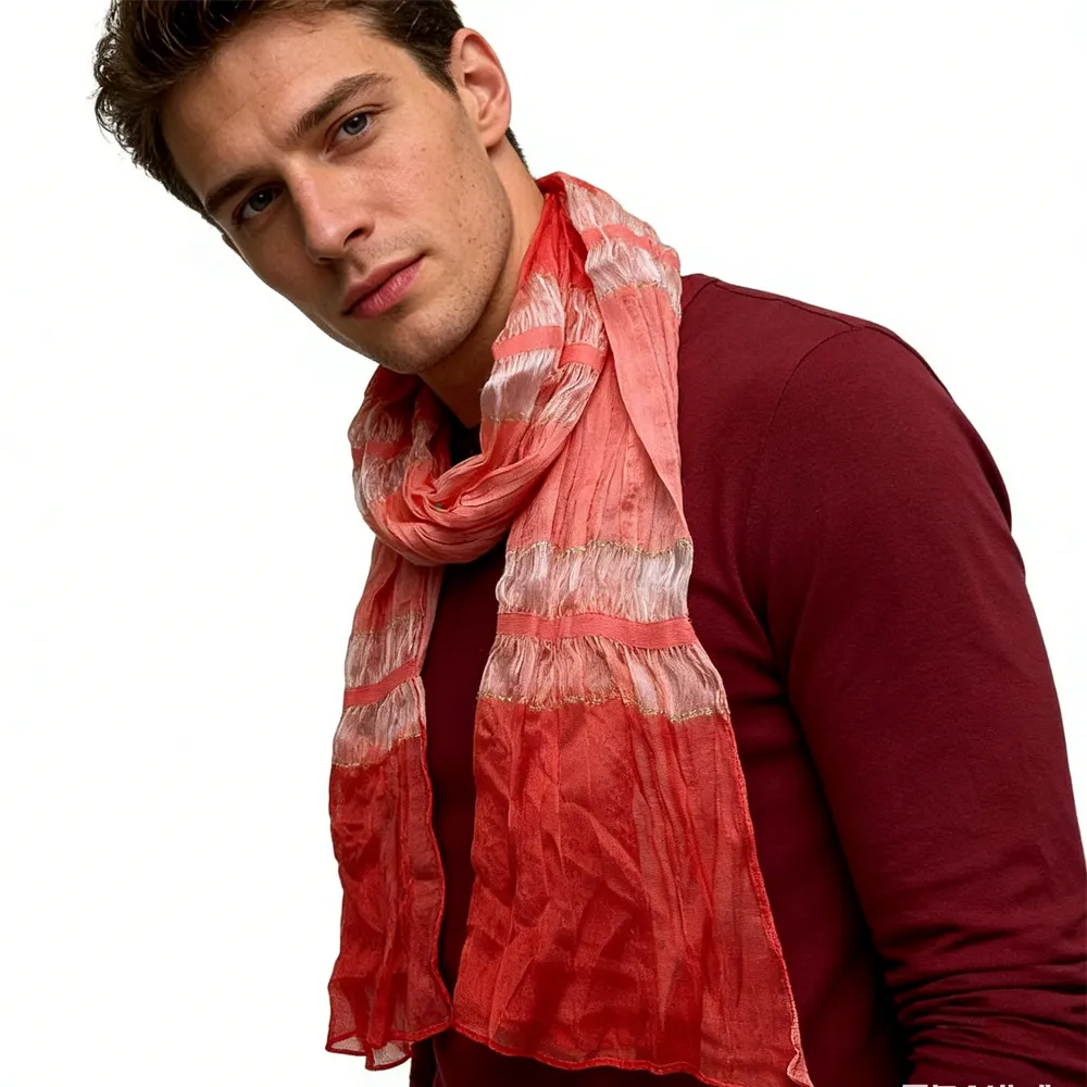 Skinny Long Scarf, Red Metallic Polyester Versatile