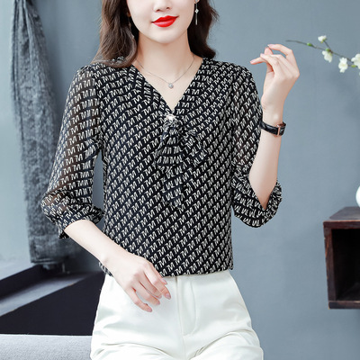 Women's Chiffon Chiffon Fashion Western V neck Top Small Shirt Black - Shop at LoveMi