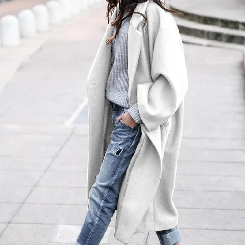 Casual Long Jacket with Pockets Solid Color Single Breasted Lapel Woolen Coat