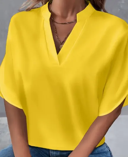 Lightweight Solid Color Notch Neck Blouse Stylish Short Split Sleeves For Spring & Summer Trendy Womens Casual Top Yellow - Shop at LoveMi