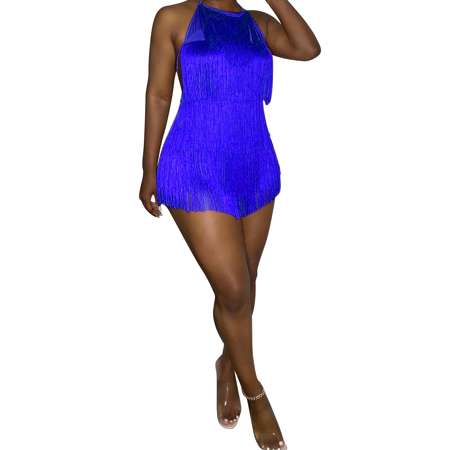 Summer Women's Fashion Tight Tassel Suspender Jumpsuit Blue - Shop at LoveMi