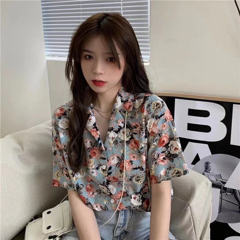 Title 5, V-neck Floral Top Retro Hong Kong Style Loose, ...