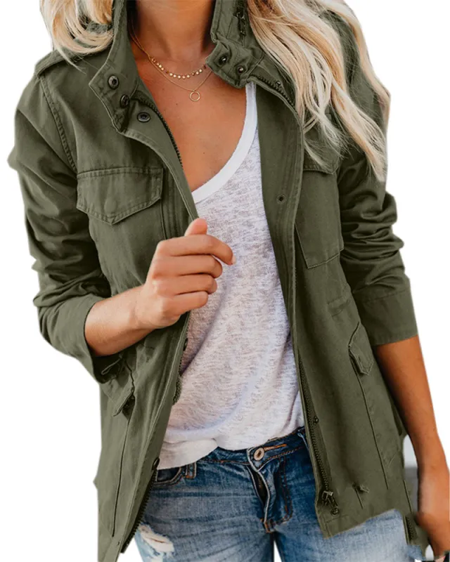 Fashion Ladies Solid Color Lapel Zipper Short Jacket Casual Pocket Button Decoration Top Green - Shop at LoveMi
