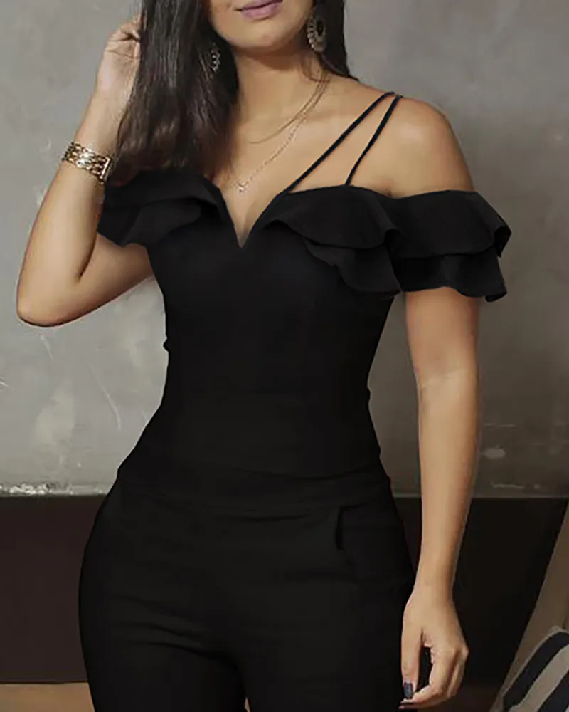 Women's Fashion And Elegant Solid Color Sleeveless Sexy Jumpsuit With Thin Straps - Black
