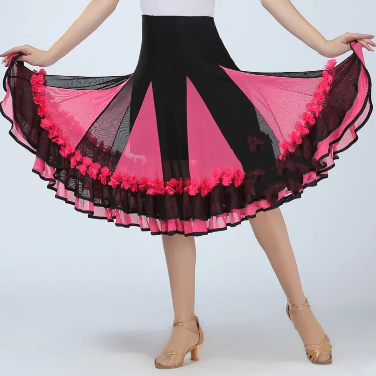 Mesh Mid-length Practice Performance Wear Latin Dance Swing Skirt - Rose Red