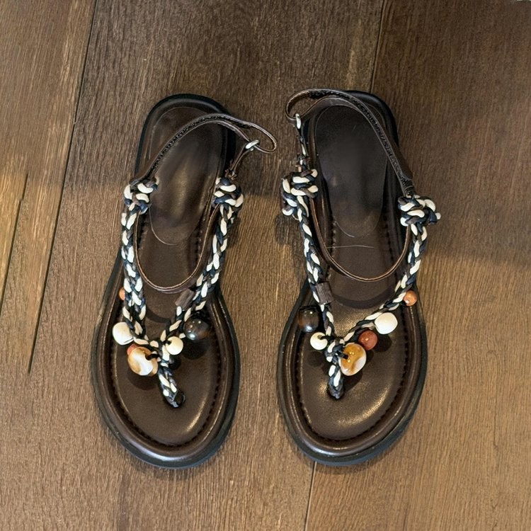 Women Bohemian Vacation Thong Sandals, Low Heel Less Than 3cm, Flat Design, Rubber Outsole, Soft Sole Open Toe Roman Shoes To Match Dresses, 2026 New Summer Footwear