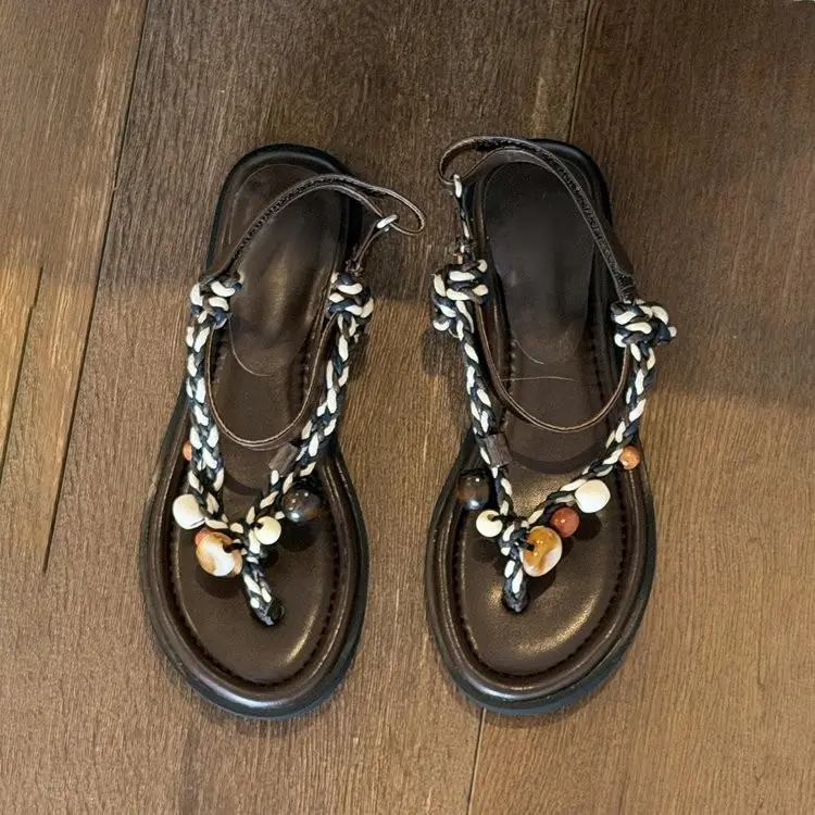 Women Bohemian Vacation Thong Sandals, Low Heel